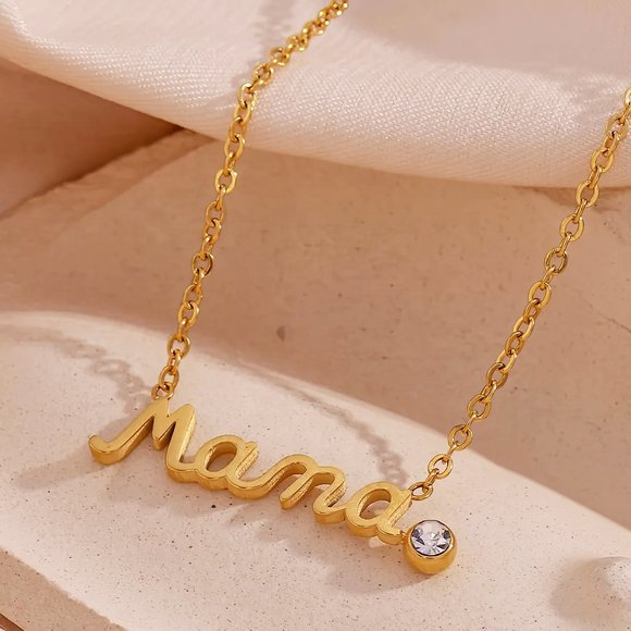 Mama Pendant Necklace Zircon 18K Gold Plated Stainless‎ Steel - Picture 1 of 7